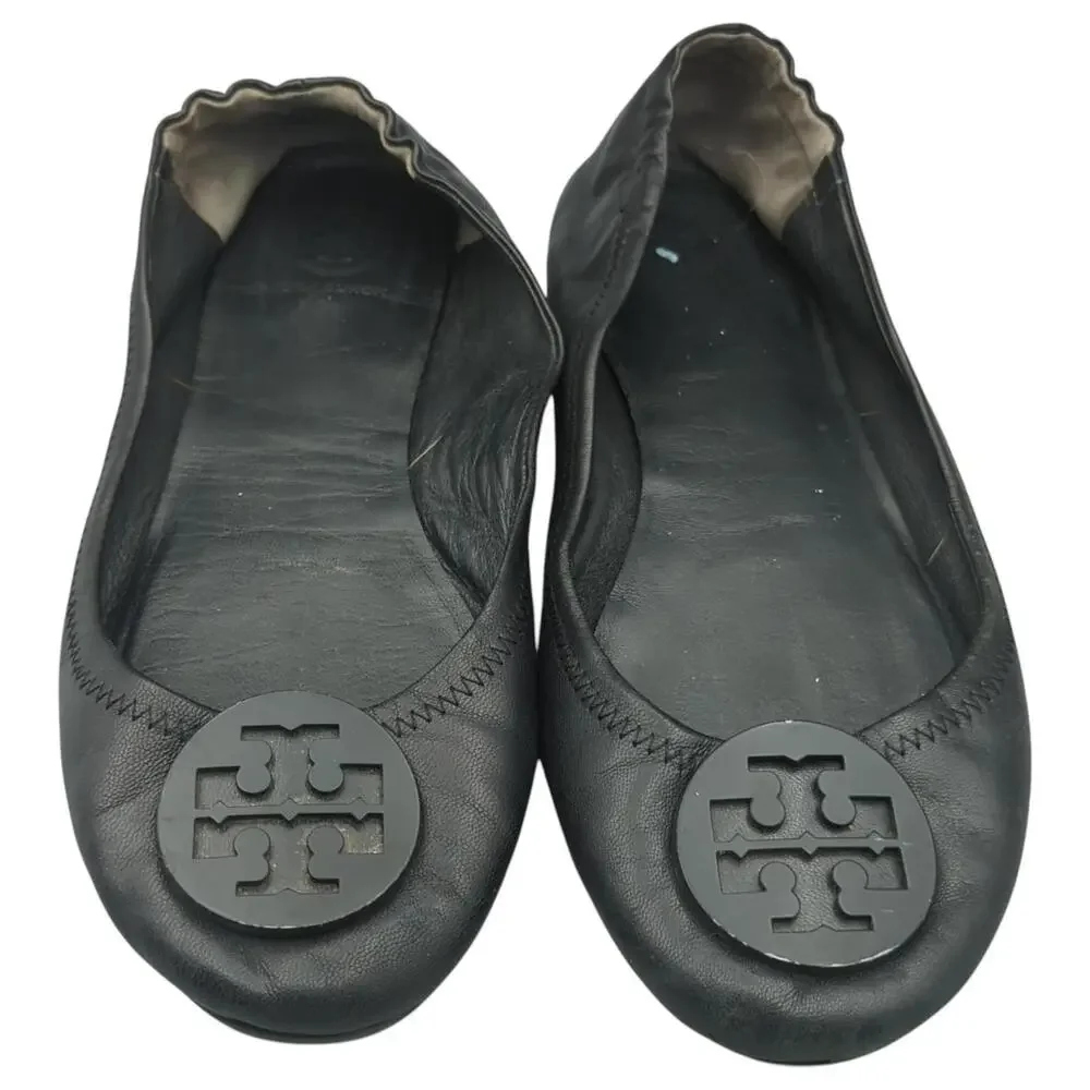 Tory Burch Minnie Travel Ballet Flats 9M Perfect Black Double T Ballerina Shoes